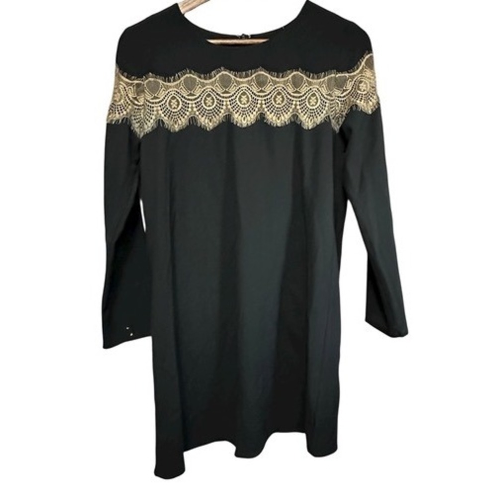 S Everly Black Dress Gold‎ Lace Trim Long Sleeve Elegant Party Cocktail Evening